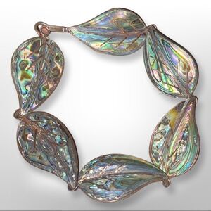 Vintage 1980s TAXCO Abalone Paua Shell and Sterling Silver Leaf Link 7″ Bracelet